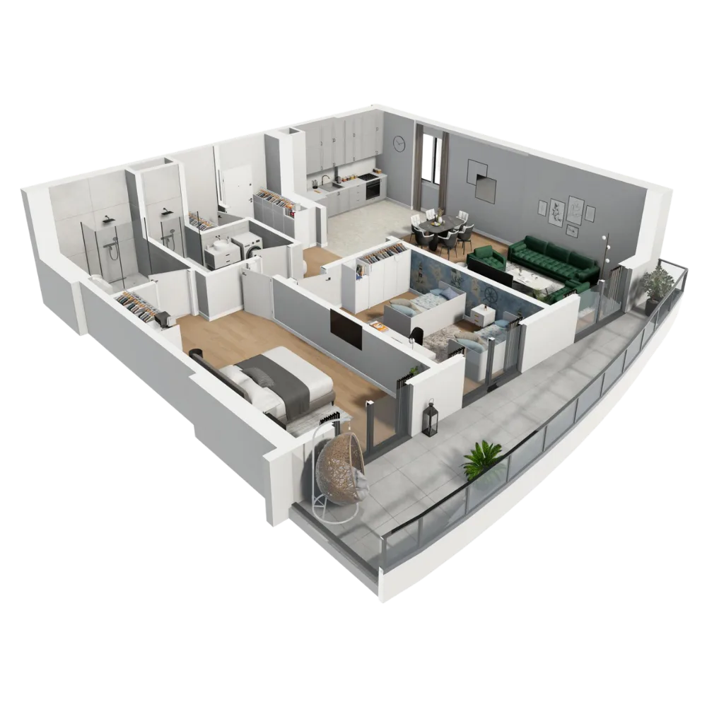 Isometric cutaway of the 2+1 · Type No. 3 apartment