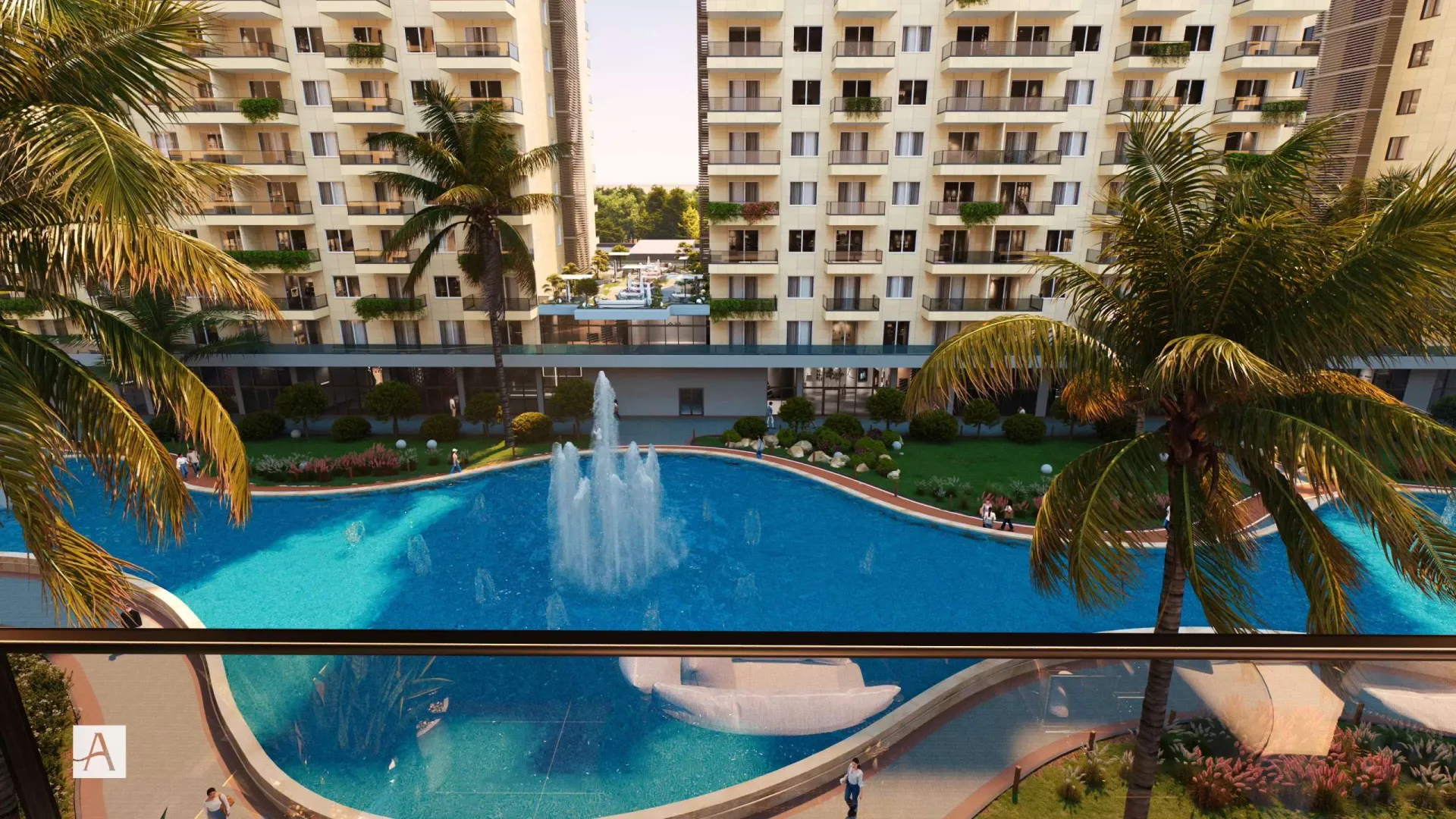 Fountain gardens in the courtyard of Alaska Towers