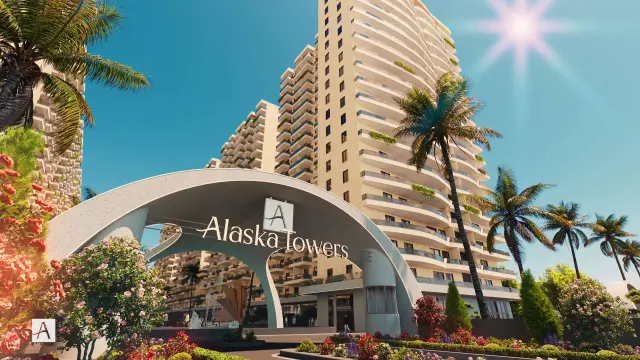 The grand entrance arch of Alaska Towers