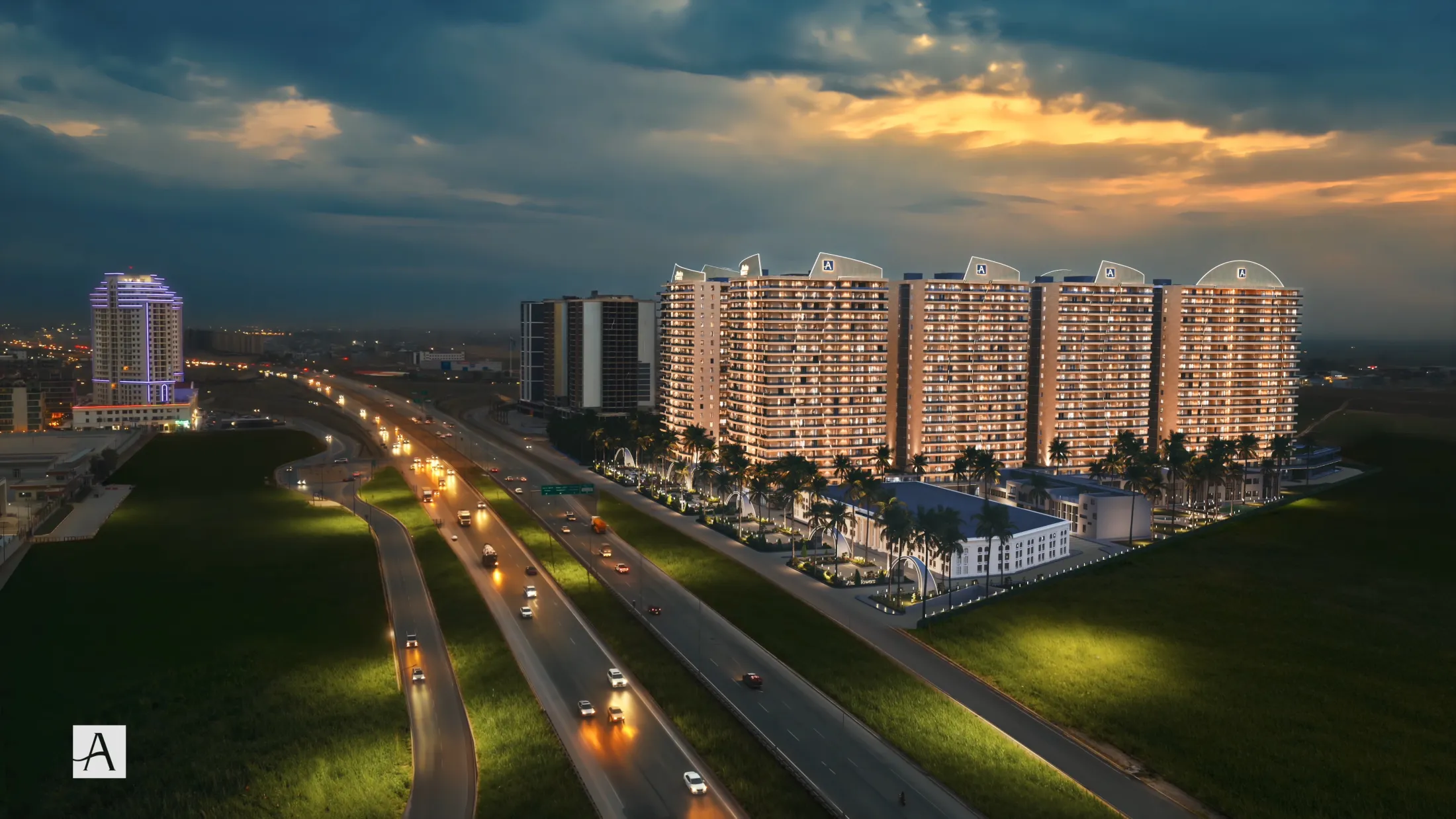 The 120m Road at dusk — the gateway to Alaska Towers