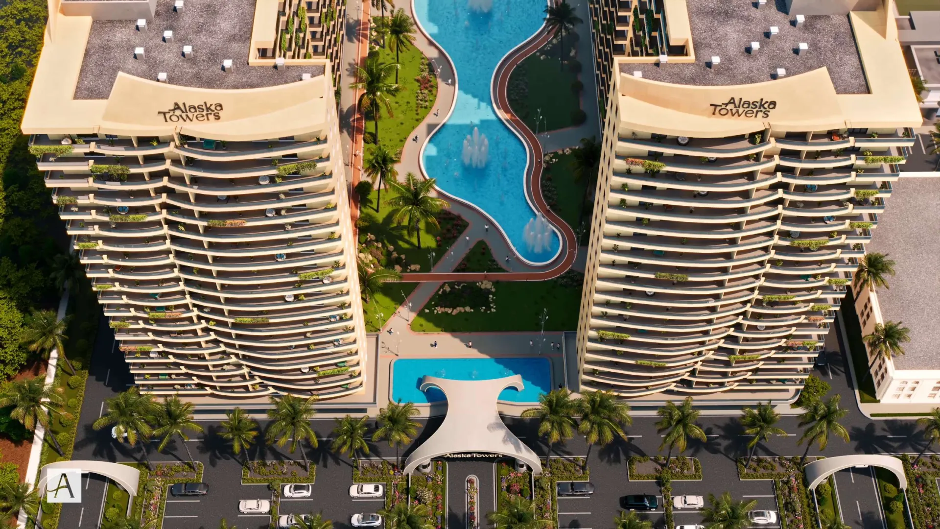 Aerial view of the twin crowns of Alaska Towers above the lagoon pools