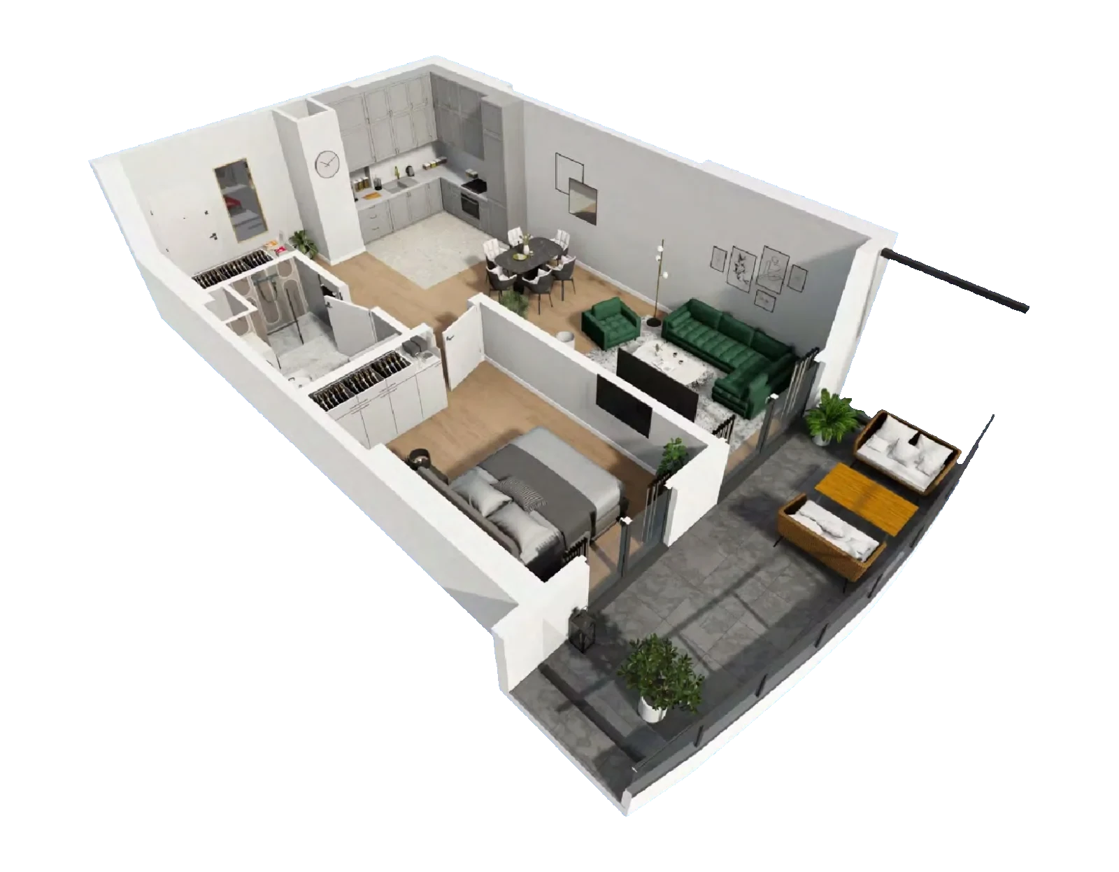 Isometric cutaway of the 1+1 · Type No. 1 apartment