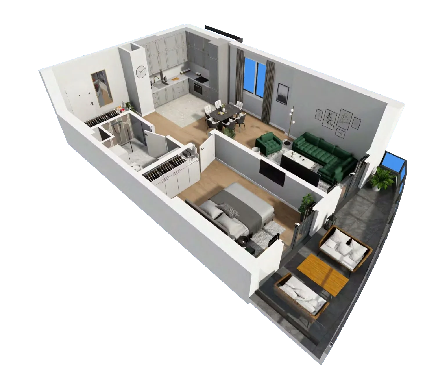 Isometric cutaway of the 1+1 · Type No. 2 apartment