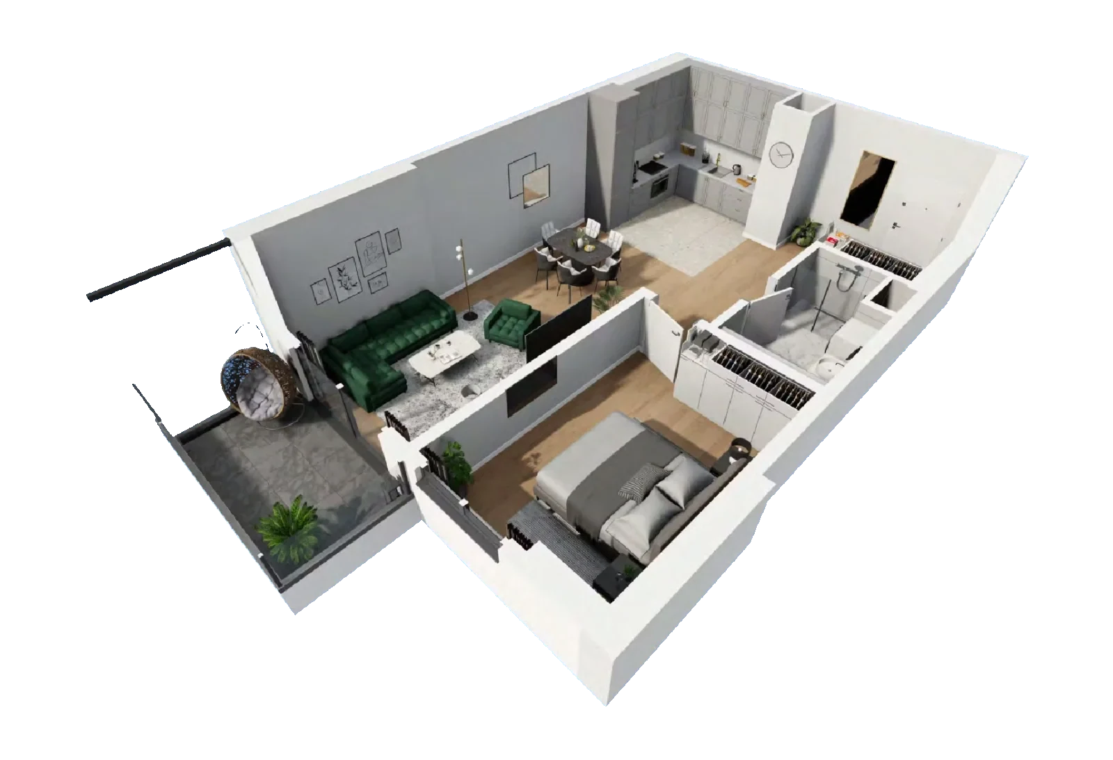 Isometric cutaway of the 1+1 · Type No. 5 apartment