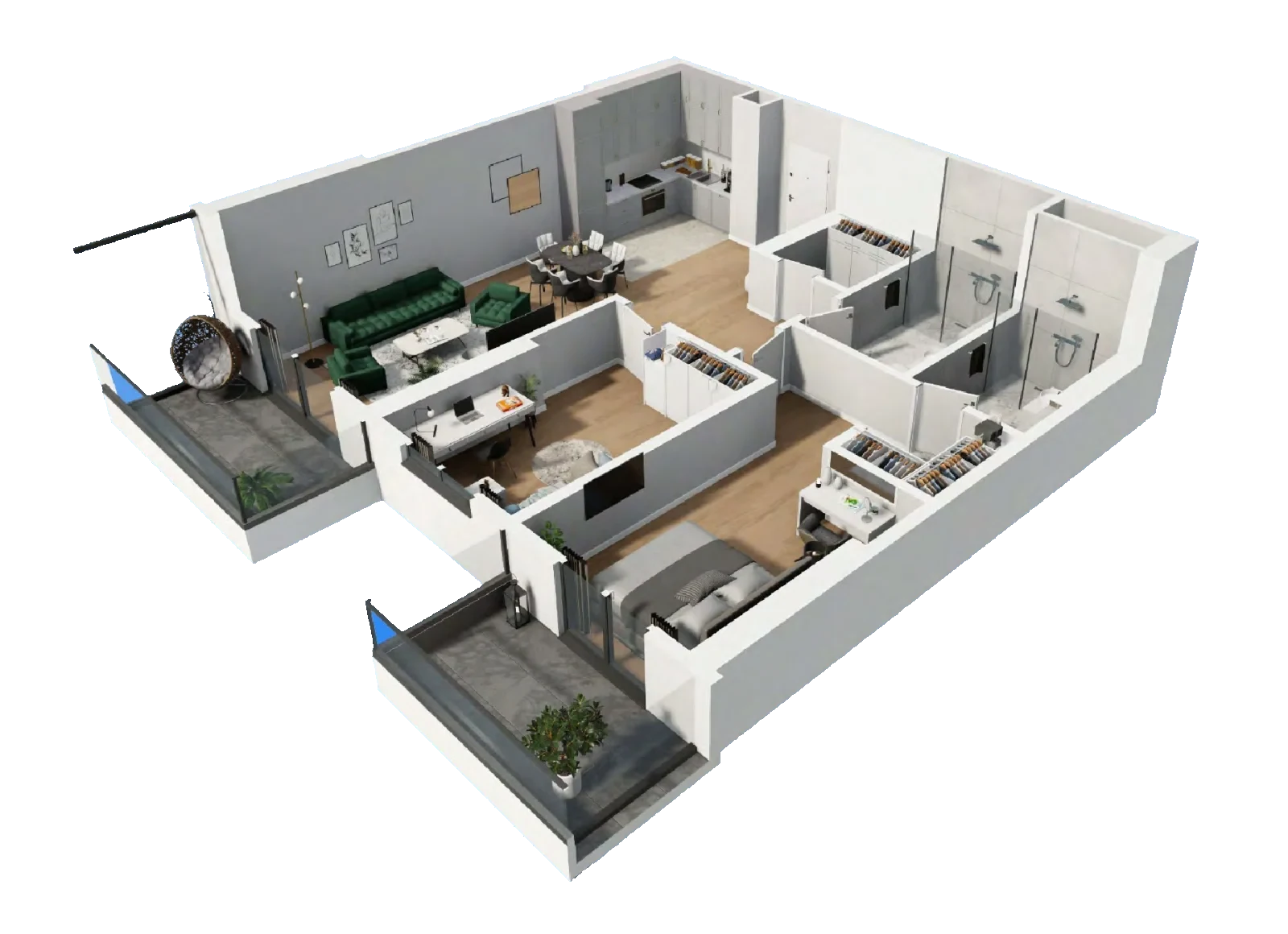 Isometric cutaway of the 2+1 · Type No. 4 apartment