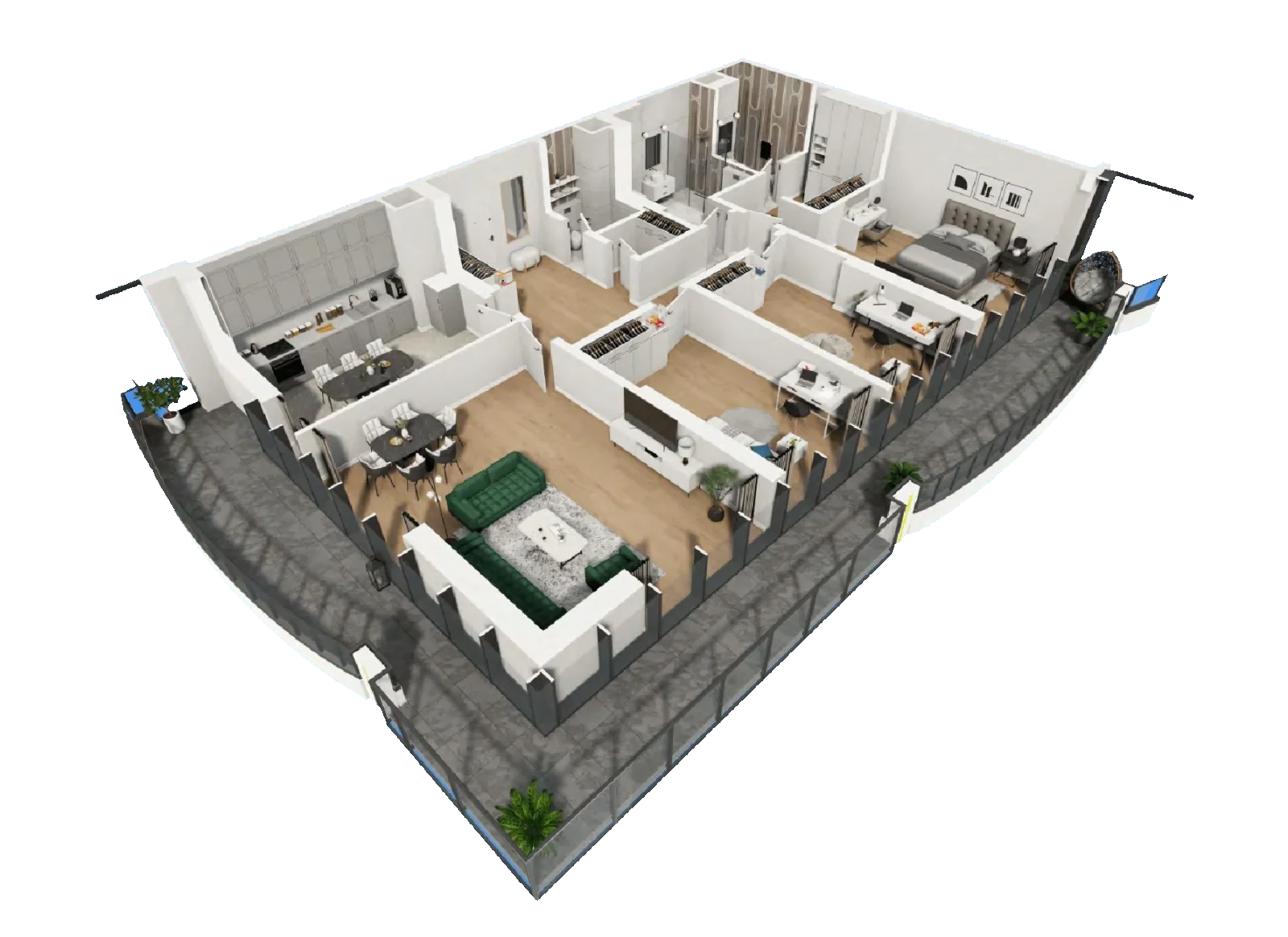 Isometric cutaway of the 3+1 · Type No. 7 apartment