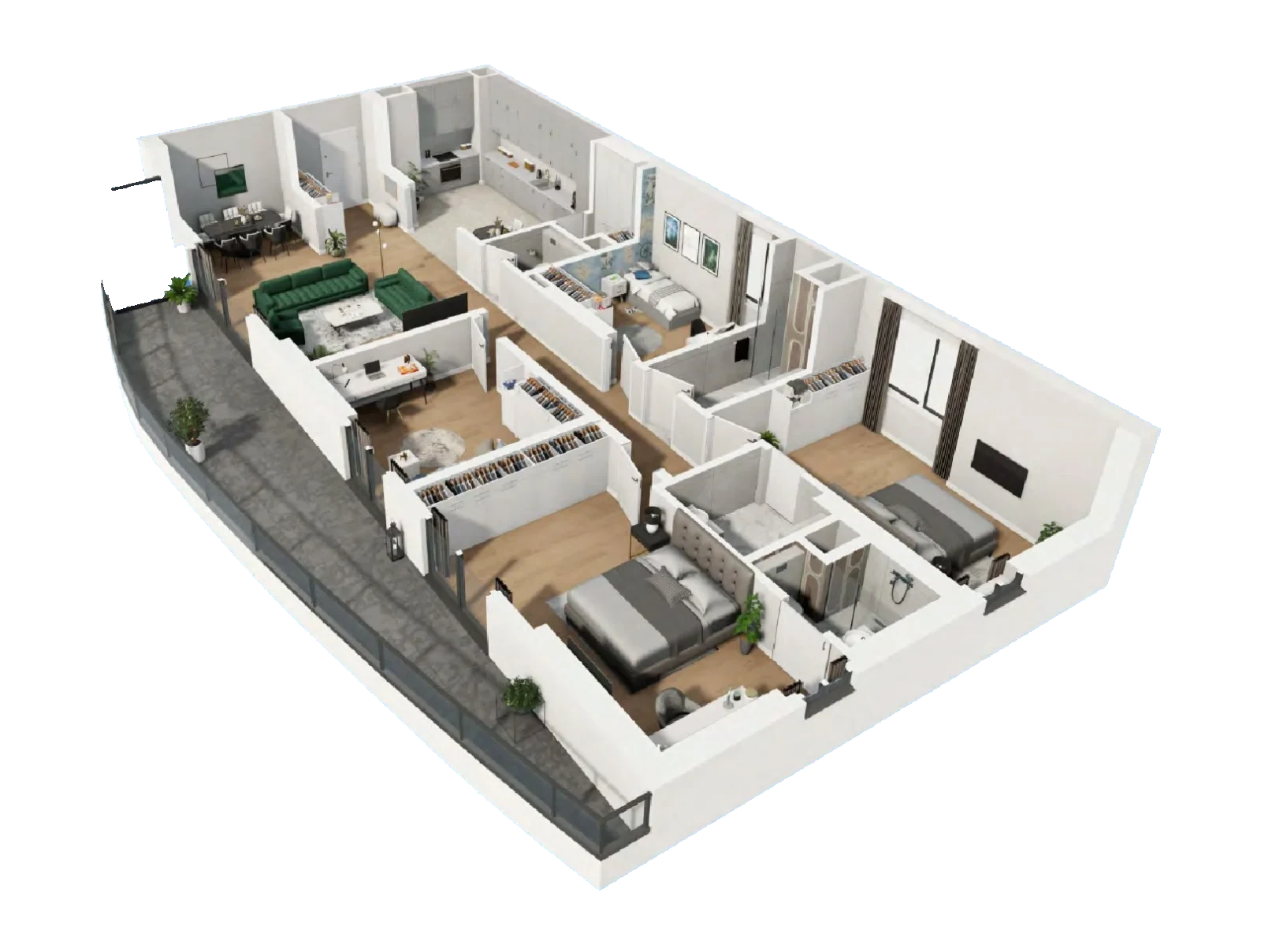 Isometric cutaway of the 3+1 · Type No. 6 apartment